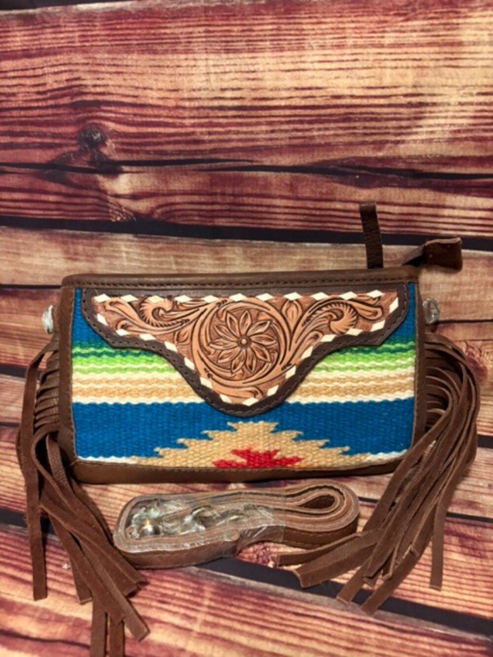 American Darling Tooled Leather Fringe Crossbody Saddle Blanket Bag NWT